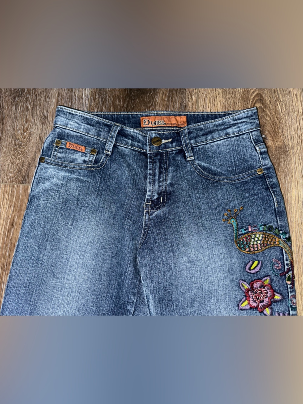Vintage 90s DANIEL Original Design Embroidered Peacock Floral Jeans Size 3-4 - Picture 3 of 14